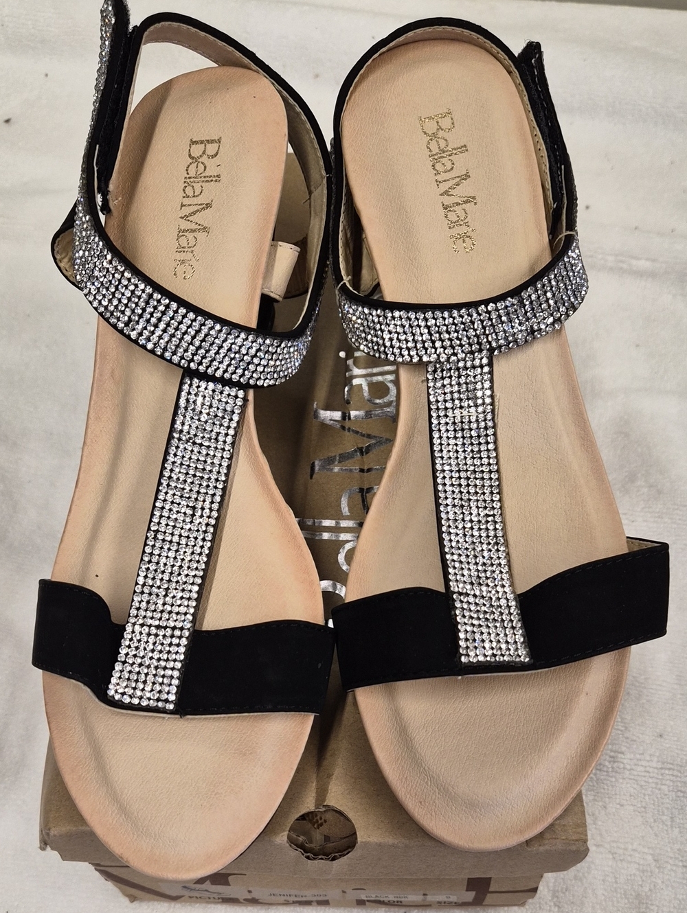 Black T-Strap Rhinestone Sandals for Women Size 9